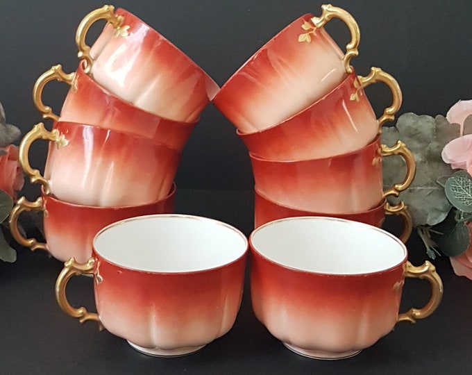 Antique Limoges Tea Cups, Haviland Limoges, H and C Limoges, French Antique, Sets of 2 Orange Peach Cups, No Saucers, 1879-1889