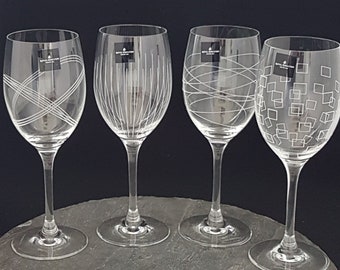 Vintage Royal Doulton Crystal Wine Glasses, Mixed Set of 4, Etched Glass Different Patterns