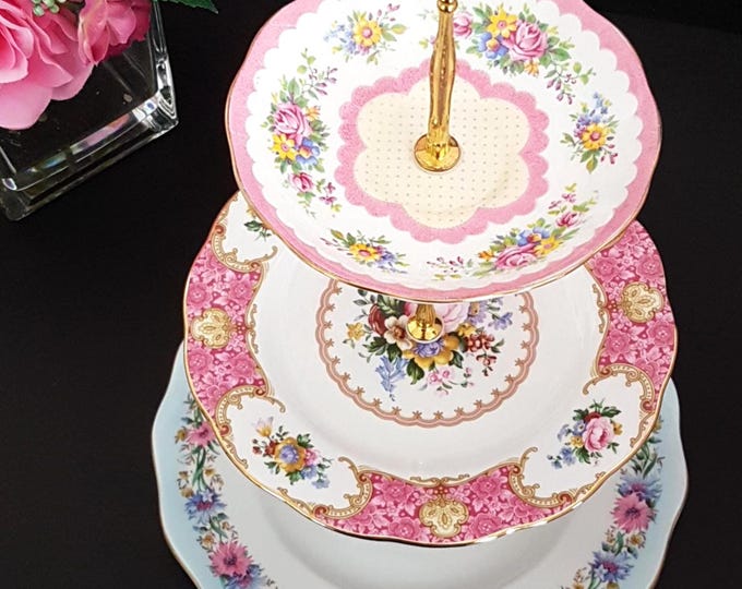 3 Tier Cake Stand: English Bone China Pink Blue Mismatched Plates