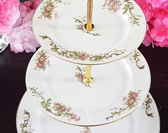 Elegant Limoges 3-Tier Pink Floral Cake Stand | Bridgerton-Inspired Dessert Serving Tray for Weddings