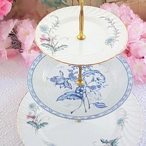 Handmade 3 Tier Cake Stand, Unique Blue and White Floral Tiered Dessert Stand