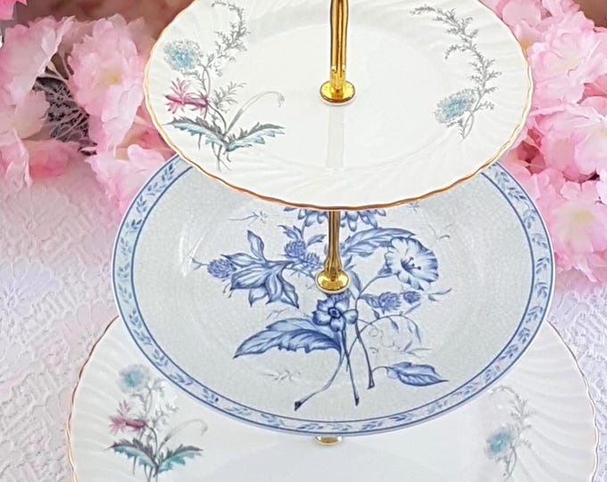 Handmade 3 Tier Cake Stand, Unique Blue and White Floral Tiered Dessert Stand