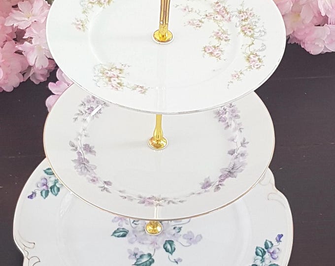 3 Tier Serving Tray of Pink Mauve Mismatched Floral Plates, Porcelain Cake Stand