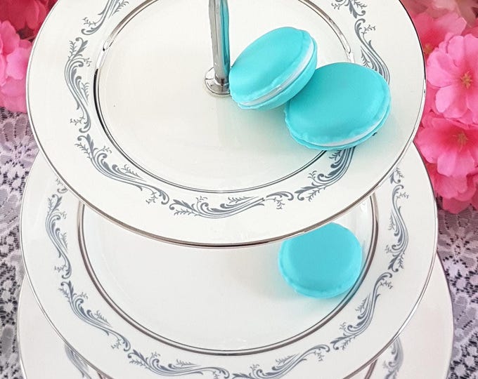 Elegant Gray & Silver 3-Tier Cake Stand - Handmade Aynsley Bone China Dessert Serving Tray
