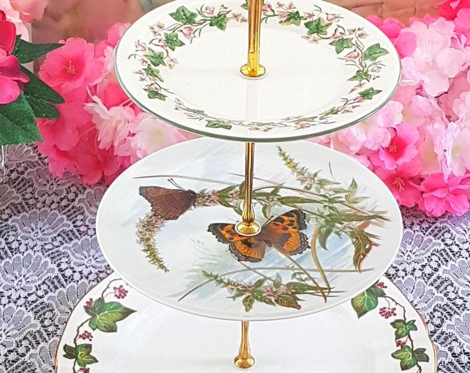 Elegant Butterfly 3-Tier Cake Stand: Mismatched Ivy Plates for Bridgerton-Inspired Afternoon Tea