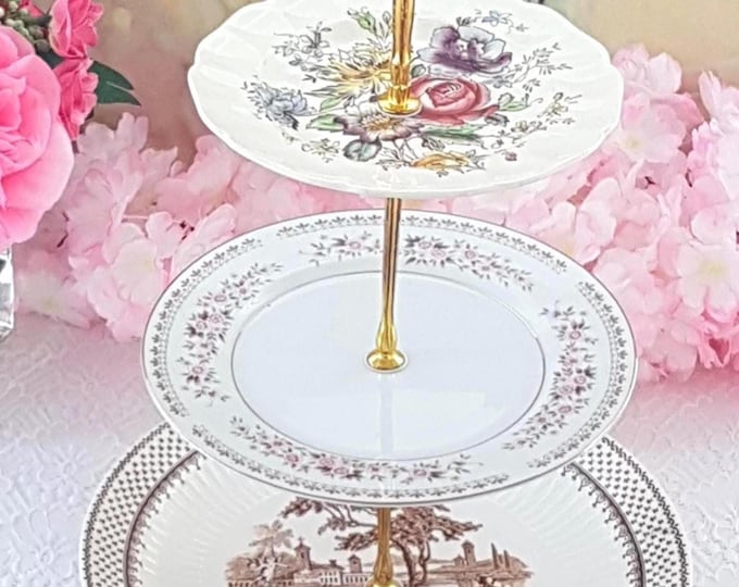 Elegant 3-Tier Cake Stand: Pink & Brown Dessert Tray for Weddings, Birthdays and Tea Parties