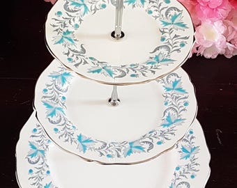 Vintage Bone China Cake Stand: Blue Floral, Silver Trim - 3-Tier Tea Party