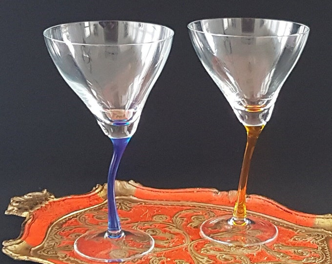 Blown Glass, Pair of Cocktail Glasses with Zig Zag, Off Center Stem