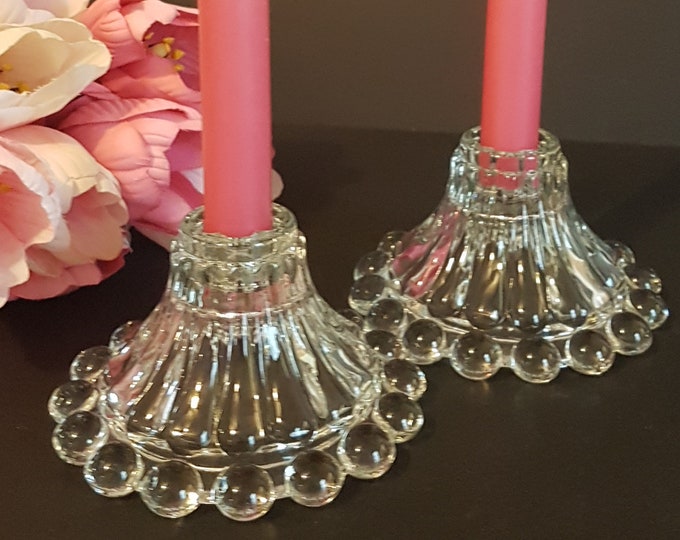 Anchor Hocking BOOPIE Candlestick Holders, Clear Glass Berwick Ball Pattern, Mid Century Collectable Glass, Made in USA, 1960s