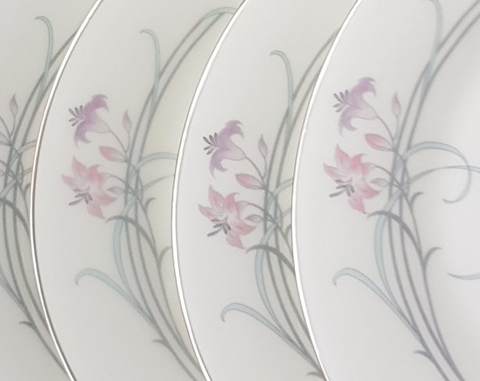 Vintage Royal Doulton ALLEGRO Side Plates, 6.5 inch, Sets of 4, Pink Purple Flowers, Gray Rings, Silver Platinum Edge