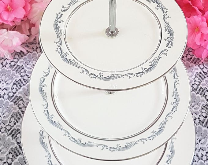 Elegant Gray & Silver 3-Tier Cake Stand - Handmade Aynsley Bone China Dessert Serving Tray