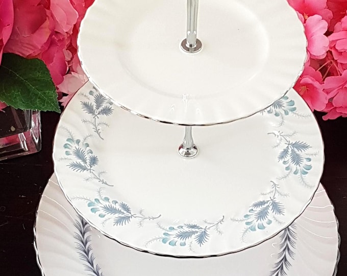 Elegant Blue & White 3-Tier Bone China Cake Stand for Parties, Desserts, and Afternoon Tea