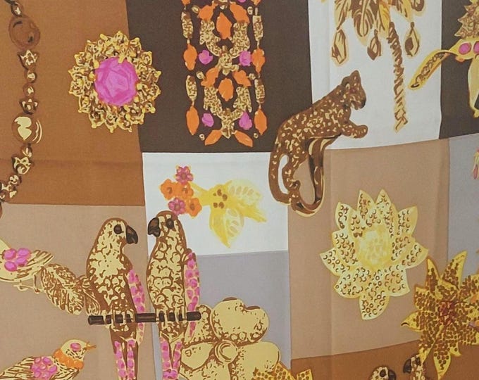 Vintage 33-inch French Silk Scarf: Birds, Giraffes, Cheetahs, Florals in Neutral Tones