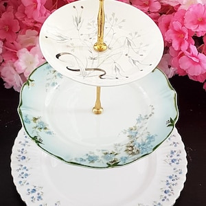 Handcrafted Elegant 3-Tier Cake Stand: Mismatched Vintage Plate Tiered Tray