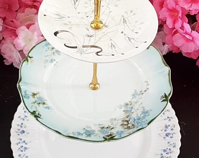 Handcrafted Elegant 3-Tier Cake Stand: Mismatched Vintage Plate Tiered Tray