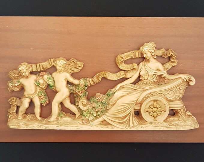 Greek Mythology Ceramic Wall Plaque, Art Nouveau Greek Goddess in Chariot with Cherubs