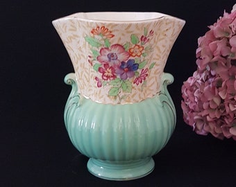 Hand Painted Vintage Vase by Crown Devon Fieldings, Pastel Green with Multicolor Flower Bouquets, Made in England, 1930s