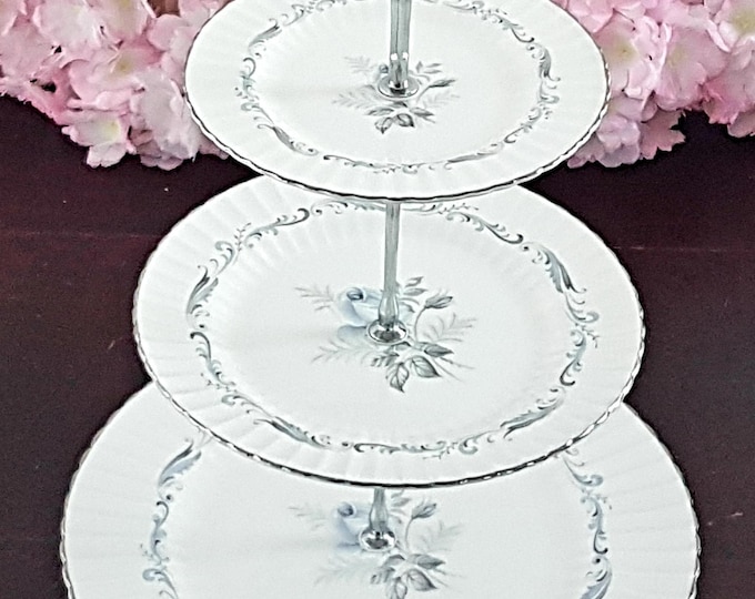 Paragon 3 Tier Cake Stand, Elegant Blue Silver Bone China Tiered Dessert Tray