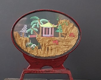 Chinese Cork Art Carving, Colorful Pagoda Cranes, Diorama Decoration, Oval Frame, Red Laquer