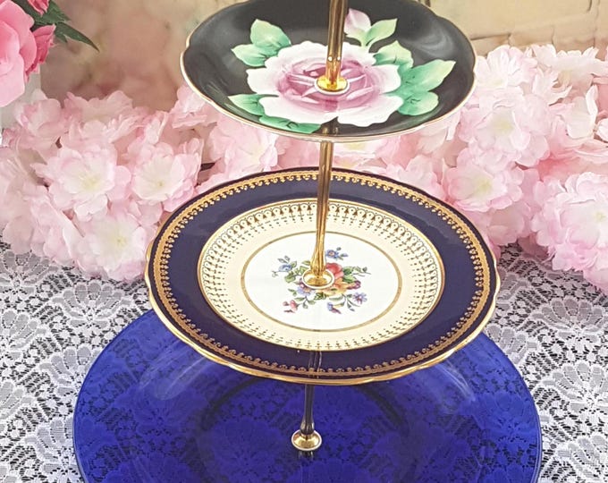 Handmade 3 Tier Cake Stand, Unique Glass & Bone China Tiered Serving Tray, Wedding Decor