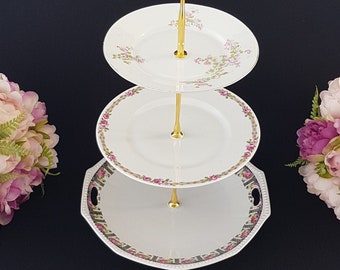 3 Tier Cake Stand, Vintage Mismatched Plates of Purple Pink Flowers, Afternoon Tea Party, Serving Tray