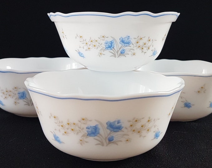 Arcopal ROMANTIQUE, 4.75 Inch Dessert Bowl, Set of 4, Milk Glass Dinnerware, Blue Rose Flowers, Made in France