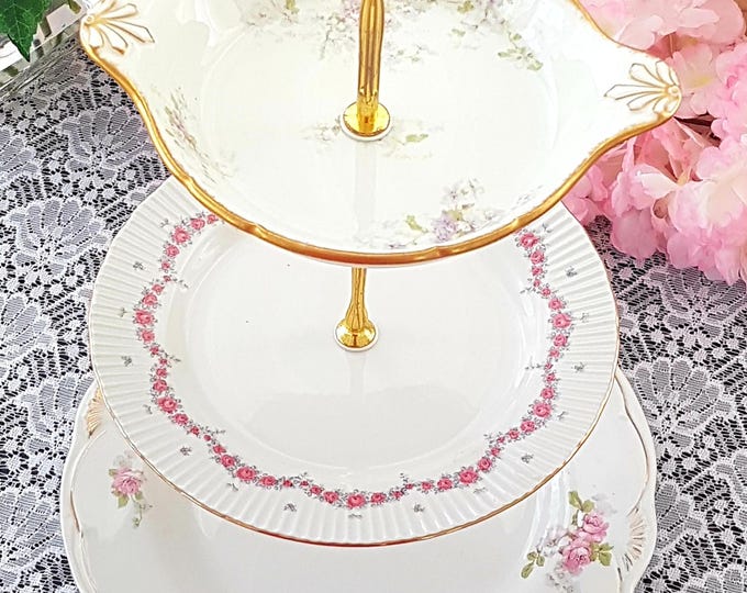 Handmade 3 Tier Cake Stand, Unique Pink Mauve Floral Tiered Dessert Stand