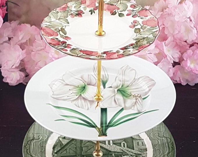 Unique 3 Tier Cake Stand, Green Mismatched Plates Dessert Stand