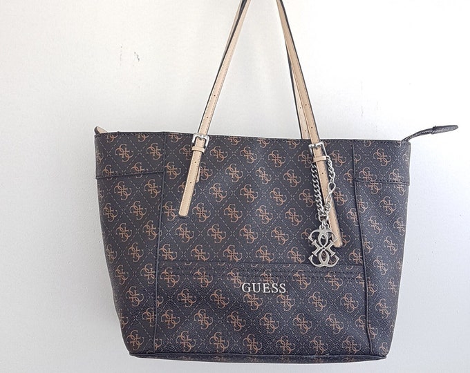 Vintage GUESS Brown Tote Bag, Guess SY453522, Monogram Pattern, Shoulder Bag, Zipper Closure