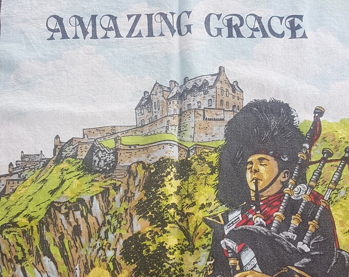 Vintage Amazing Grace Cotton Tea Towel, Scottish Bagpiper in Red Plaid, Amazing Grace Lyrics, Made in UK