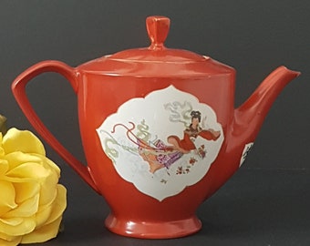 Vintage Chinese Tea Pot, Hand Painted Orange-Red Asian Oriental Teapot, 5-6 Cup Capacity