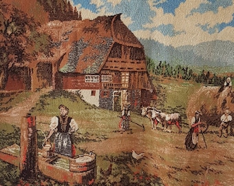 Woven Tapestry Wall Hanging, Swedish Farm Country Scene, 63 x 25 Inch, Vintage Wall Tapestry, Table Runner