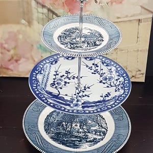 Elegant Blue & White 3-Tier Mismatched Cake Stand for Weddings, Tea Parties, and Dessert Displays