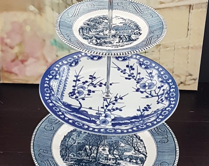 Blue and White 3 Tier Cake Stand, Mismatched Tiered Plate Serving Tray, Wedding Decor