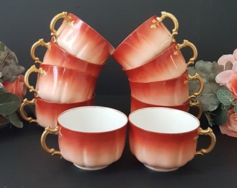 Antique Haviland Limoges Tea Cups, Set of 10, Hand-Painted Porcelain France 1879-1889