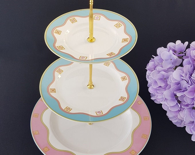 3 Tier Cake Stand, Victoria Beale KALIEDESCOPE Fine China, Pink Blue Tiered Serving Tray