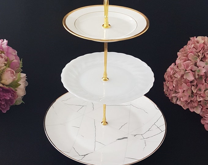 3 Tier Cake Stand, Vintage Mismatched Plates of  Limoges Porcelain, Faux Marble, White Milk Glass, Tea Party Serving Tray