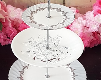 Elegant 3-Tier Cake Stand: Gray & Silver Bone China, Bridgerton-Inspired Dessert Serving Tray