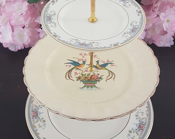 3 Tier Cake Stand, Floral & Birds Tiered Plates, Bridgerton Dessert Stand, Serving Tray