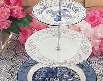 Elegant 3-Tier Blue & Silver Bridgerton Cake Stand: Perfect for Weddings, Tea Parties and Dessert Displays