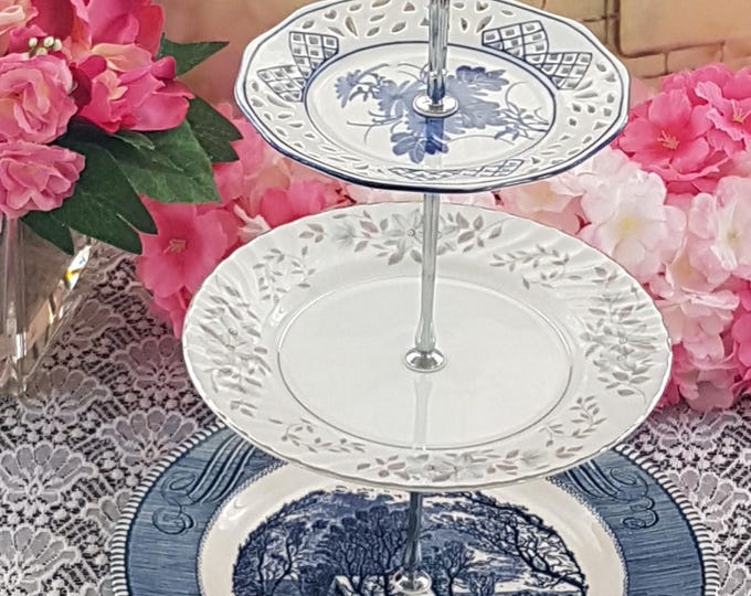 Elegant 3-Tier Blue & Silver Bridgerton Cake Stand: Perfect for Weddings, Tea Parties and Dessert Displays