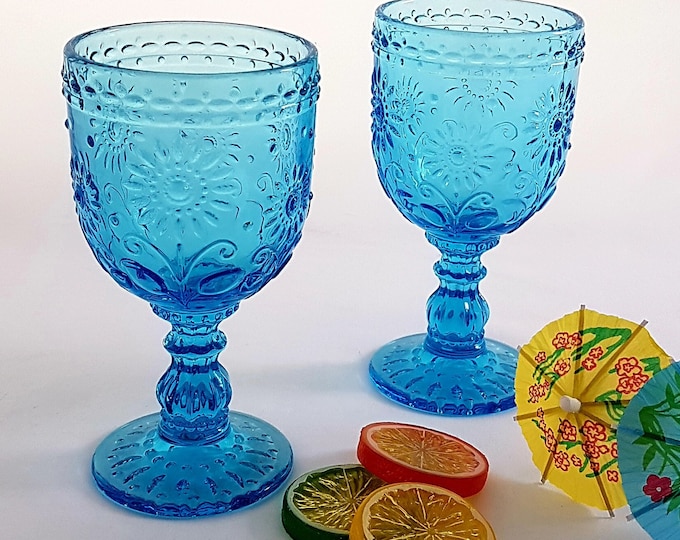 Pair of Aqua Blue Wine Goblets with Raised Flower Pattern