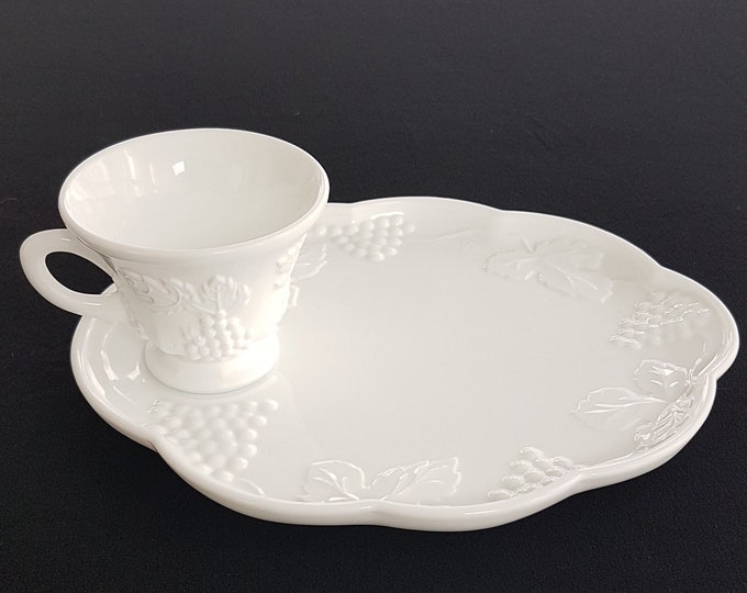 Indiana Glass COLONY HARVEST GRAPE Snack Sets, Vintage White Milk Glass Tea Cup and Snack Plate Set