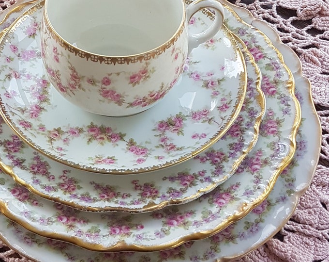 Antique China Tea Cup and Saucer Trio with Plates, Pink Rose Limoges MZ Austria, 5-Piece Gift Set