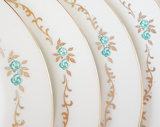 Dessert Plates, Johnson Brothers WEDDING DAY, 6.5 Inch, Set of 4, Blue Roses, Gold Scrolls, Blue Dots, Made in England