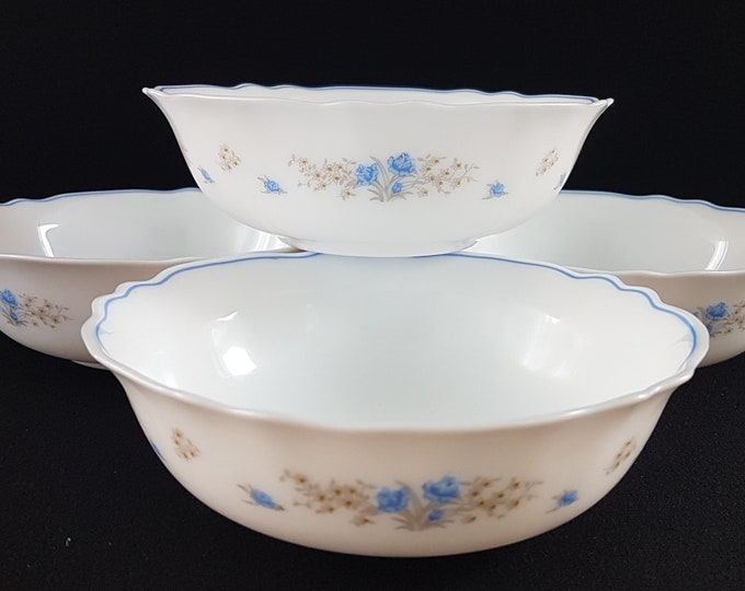 Arcopal ROMANTIQUE,6 Inch Soup Bowl, Set of 4, Milk Glass Dinnerware, Blue Rose Flowers, Made in France