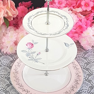 Vintage Bone China 3-Tier Cake Stand: Pink, Gray & Silver - Tea Party Serving Tray