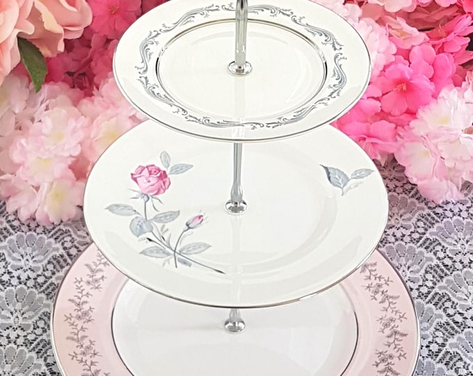 Elegant 3-Tier Bone China Cake Stand: Pink, Gray & Silver Dessert Serving Tray for Tea Parties