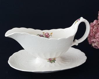 Spode HEATH AND ROSE Gravy Boat with Attached Underplate, Multicolor Floral Center, Embossed Raised Lace Rim, Jewel Shape