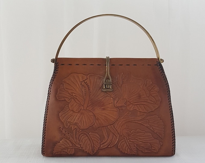 Vintage Floral Stamped Faux Leather Purse, Top Handle Purse with Metal Handles, Metal Twist Lock Front Closure